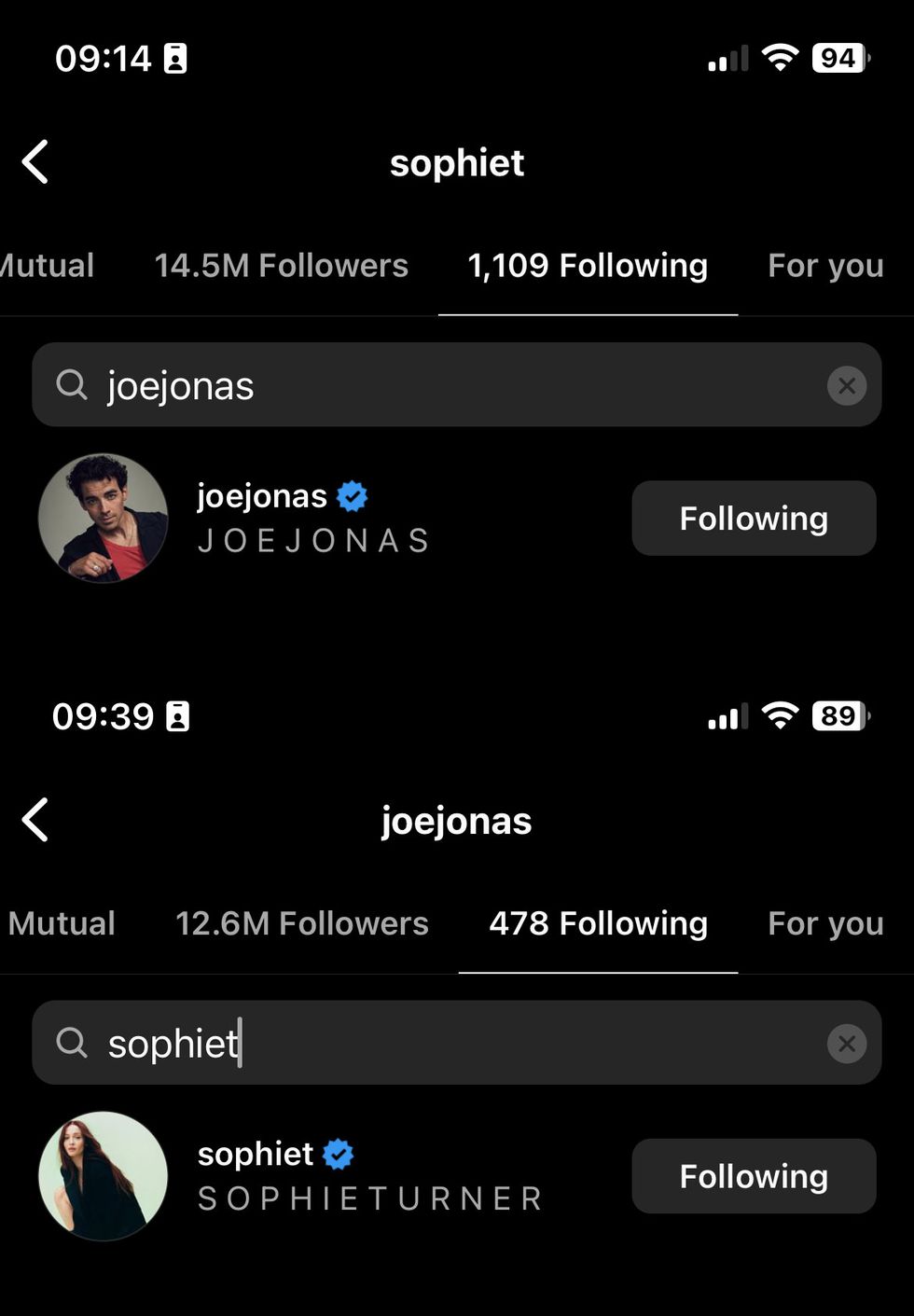 joe jonas and sophie turner still following each other as of october 13 at 930 am﻿