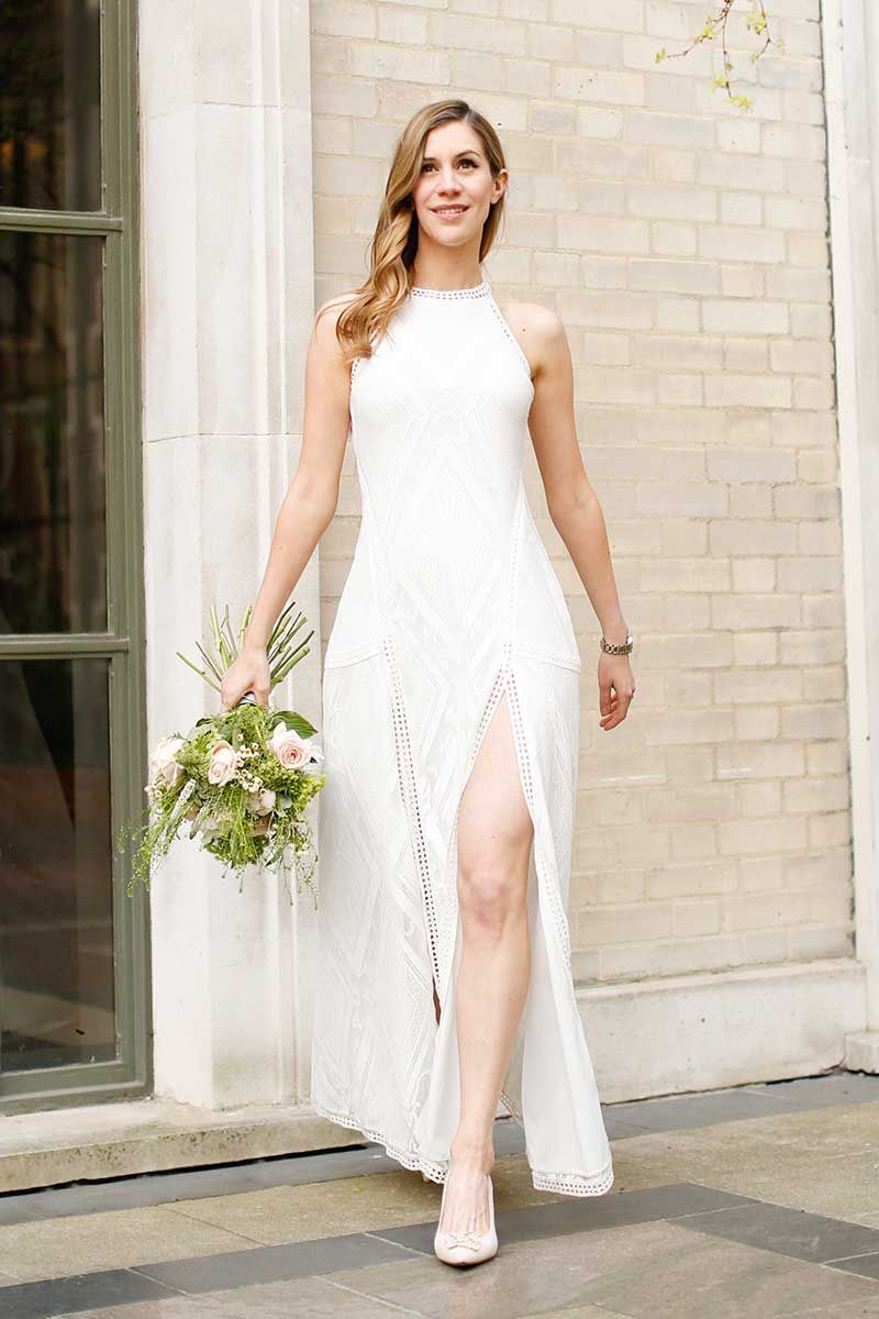 Clothing, Wedding dress, Dress, Gown, Fashion model, White, Photograph, Bridal clothing, Shoulder, Bridal party dress, 