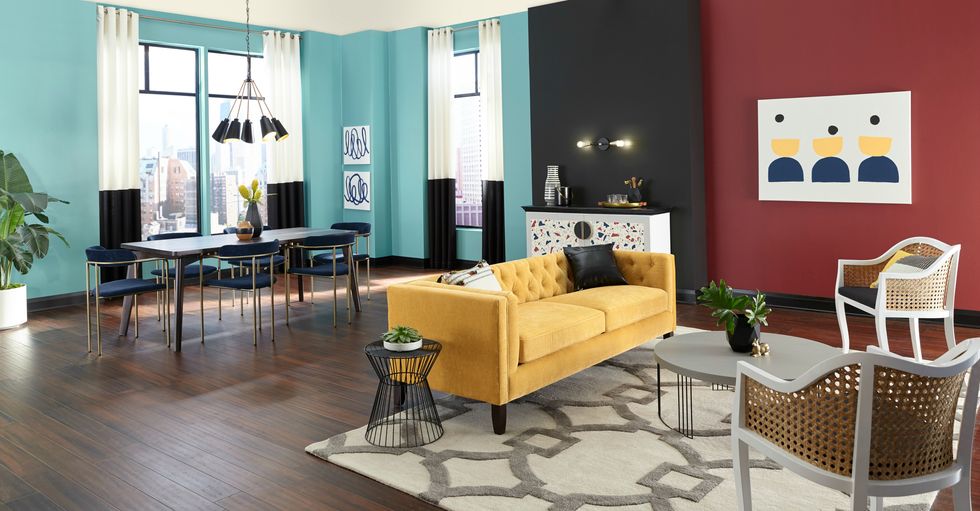 Living room, Furniture, Room, Interior design, Property, Floor, Building, Couch, Yellow, Table, 