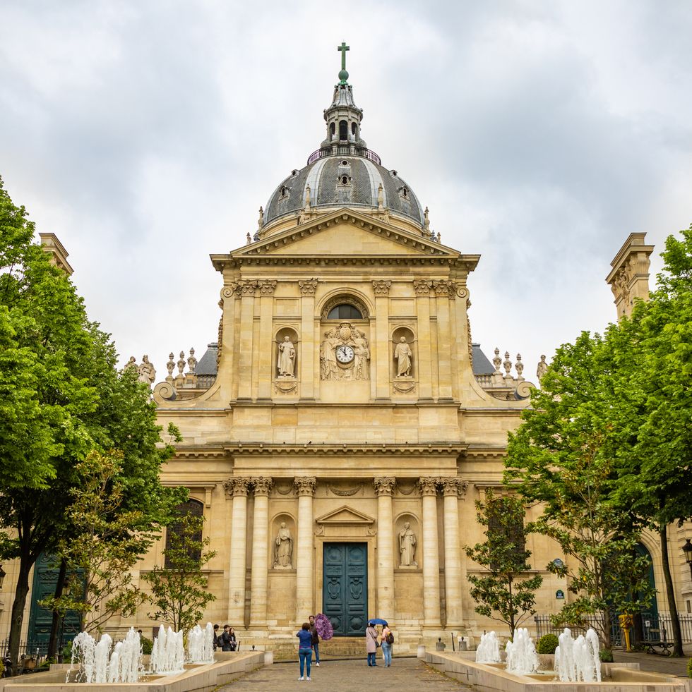 sorbonne square and college de sorbonne, one of the first colleges of medieval university in paris, france