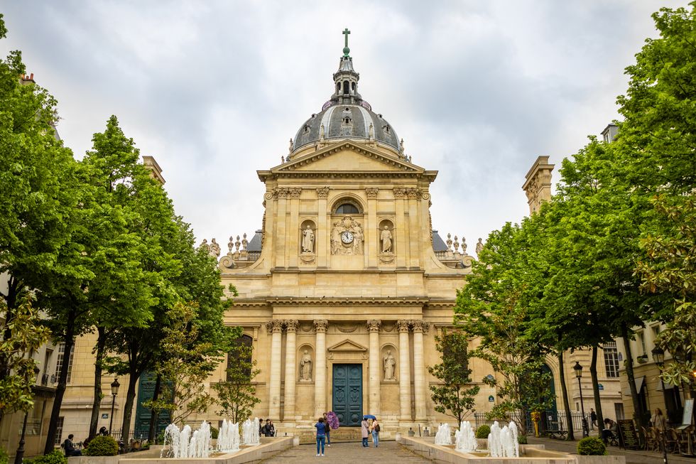 sorbonne square and college de sorbonne, one of the first colleges of medieval university in paris, france