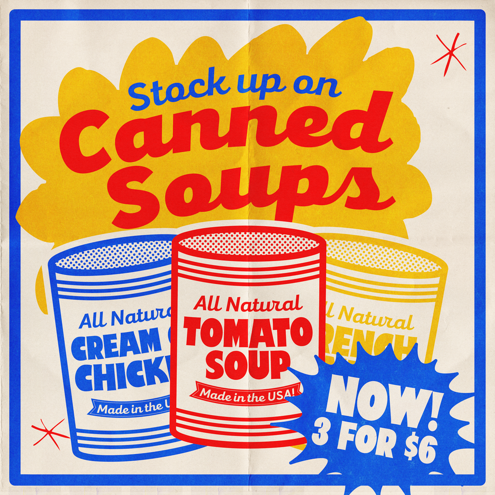 illustration of canned soups that says to stock up