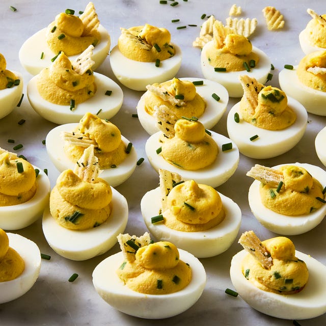 deviled eggs with sour cream and onion chips