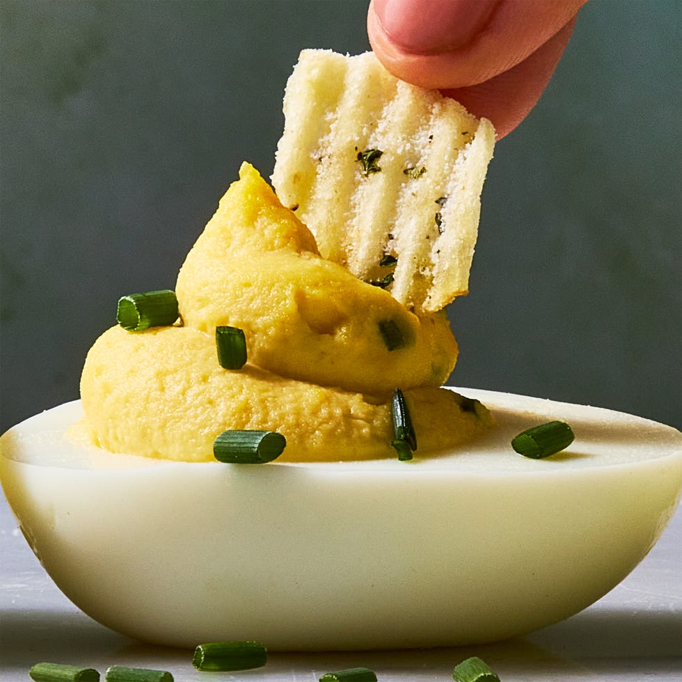deviled eggs with sour cream and onion chips