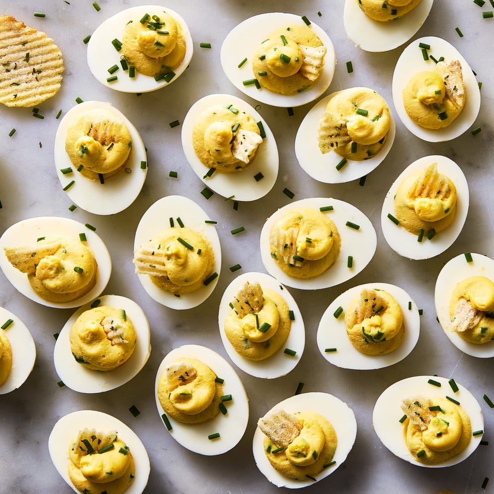 deviled eggs with sour cream and onion chips