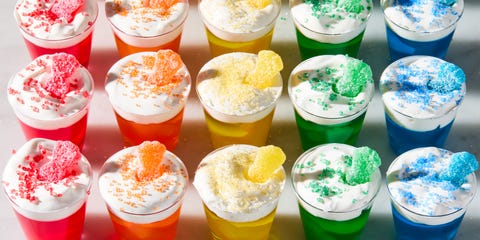 multicolored jello shots with sour patch kids candy