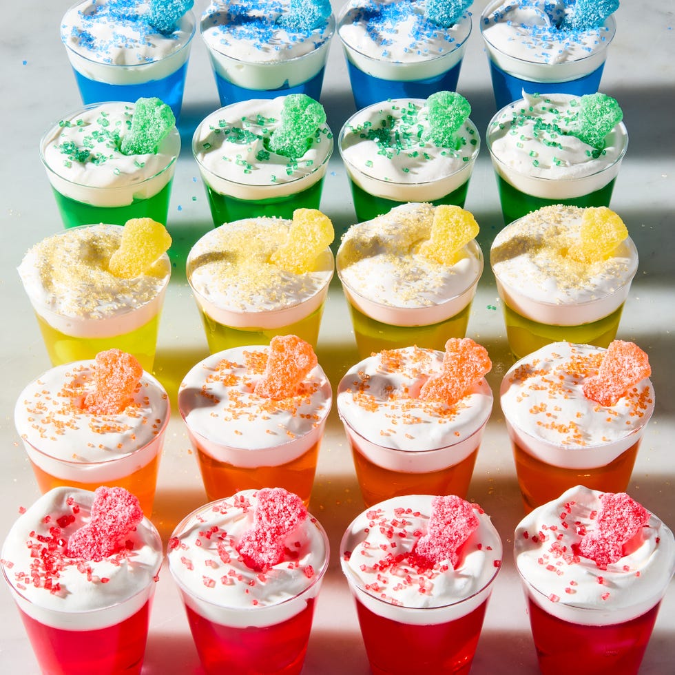multicolored jello shots with sour patch kids candy