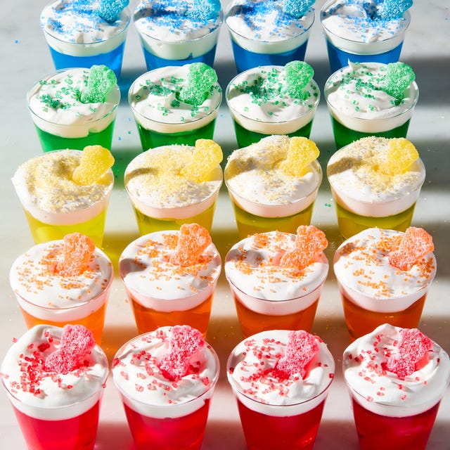 multicolored jello shots with sour patch kids candy