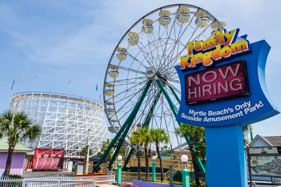 south carolina, myrtle beach, family kingdom, seaside amusement park, ferris wheel, rollercoaster, sign now hiring,