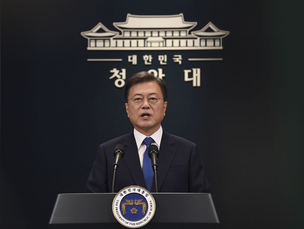 south korean president moon speaks during inauguration anniversary