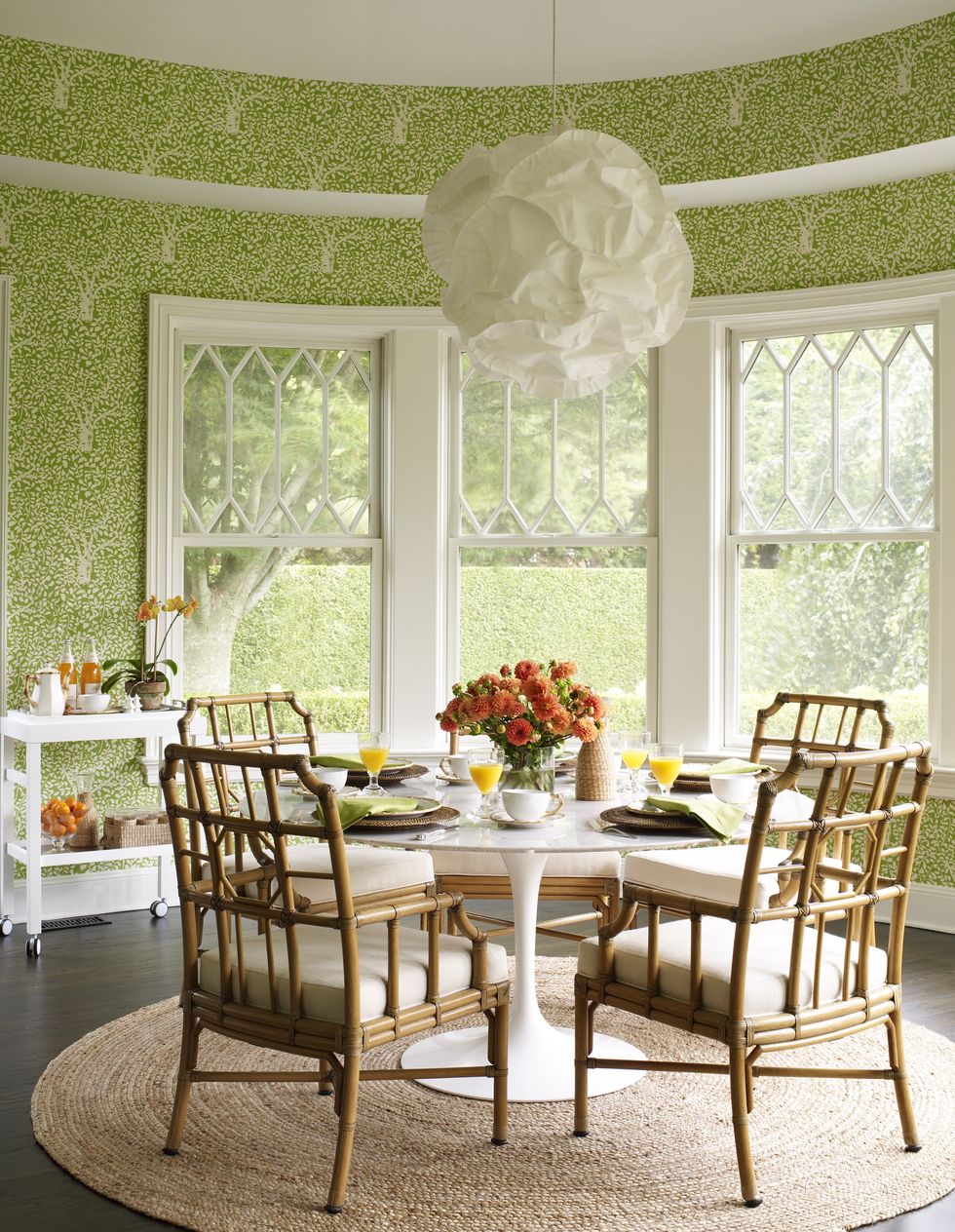 Dining room, Furniture, Room, Green, Yellow, Table, Interior design, Chair, Home, Kitchen & dining room table, 
