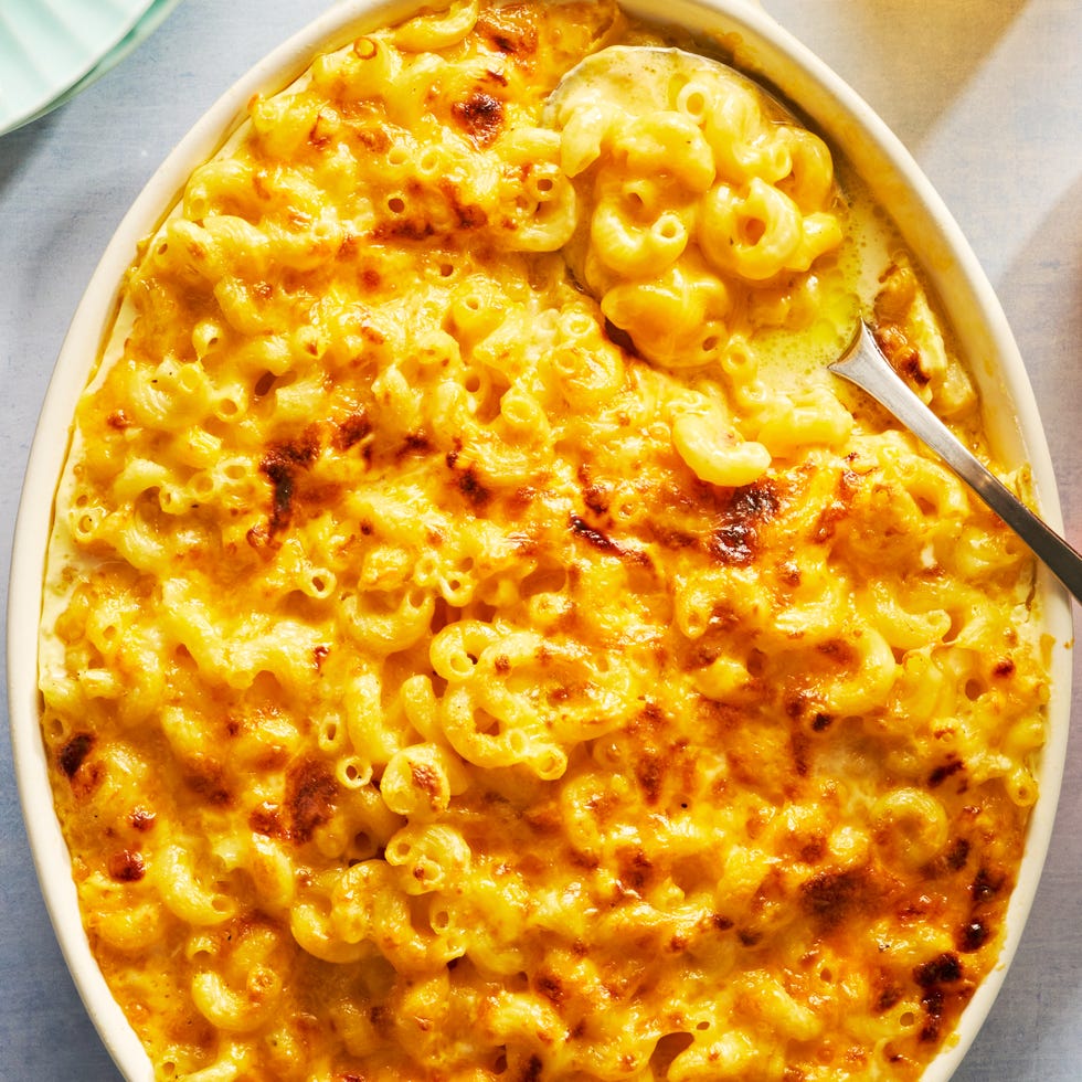 baked mac and cheese in a casserole dish