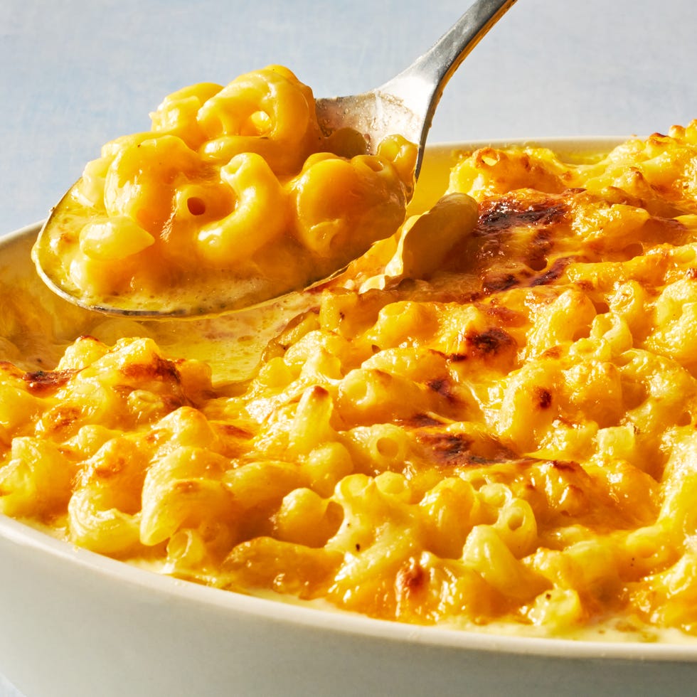 baked mac and cheese in a casserole dish