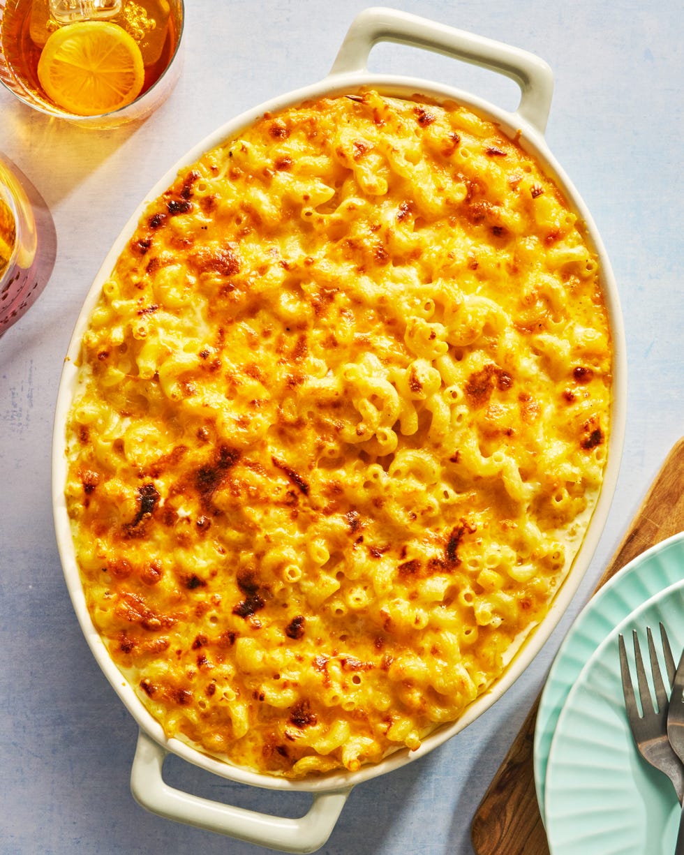 baked mac and cheese in a casserole dish