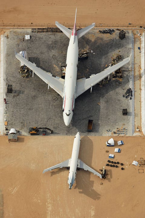 Een buiten bedrijf gestelde Boeing 747 zit op de Southern California Logisticsboneyard in Californi Het vliegtuig zal worden gebruikt voor onderdelen en schroot