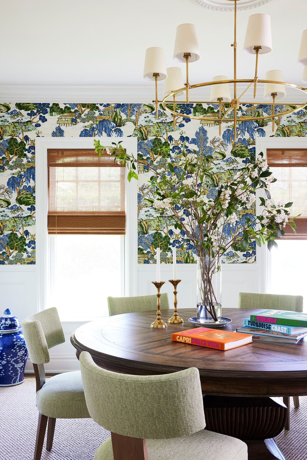 dining room with floral wallpaper
