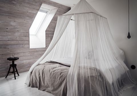 Mosquito net, Canopy bed, White, Bed, Furniture, Room, Personal care, Bedroom, Interior design, Black-and-white, 