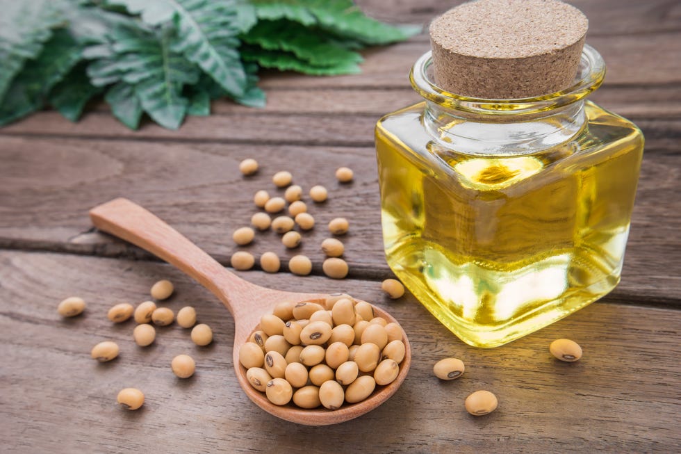Soy bean and soy oil on wooden table