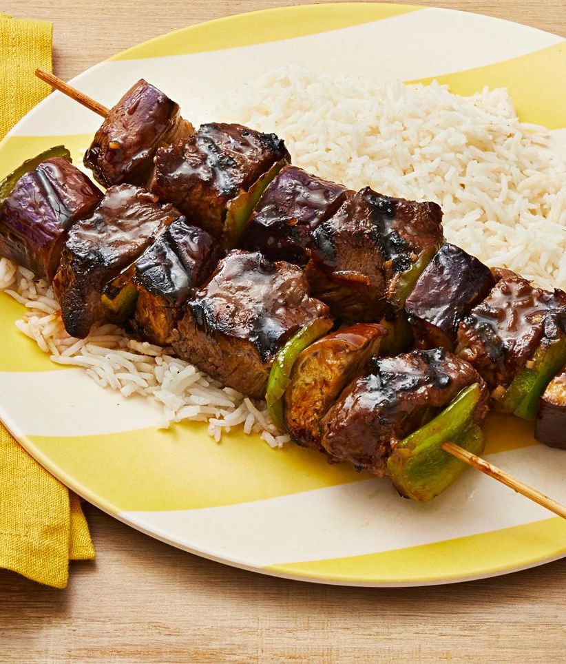 soy ginger beef kebabs with rice