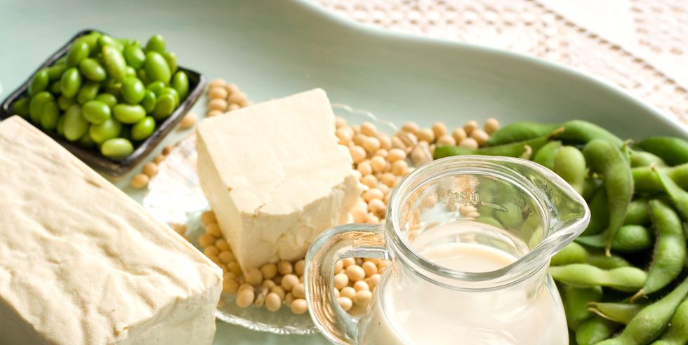 soy products with soybean pods, tofu, milk on serving dish