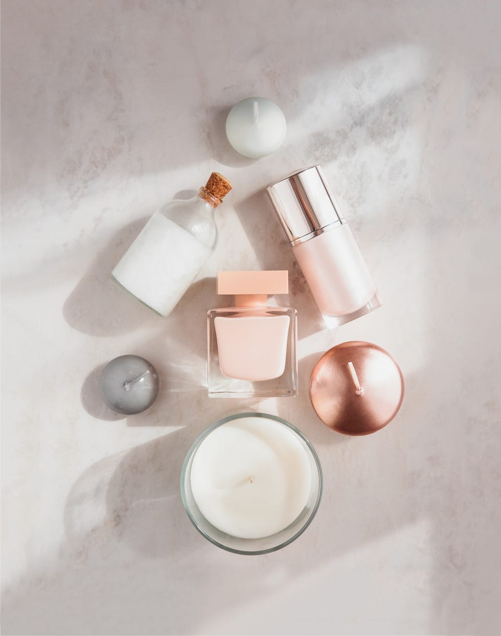 Spa beauty products flatlay in for of X-mas tree