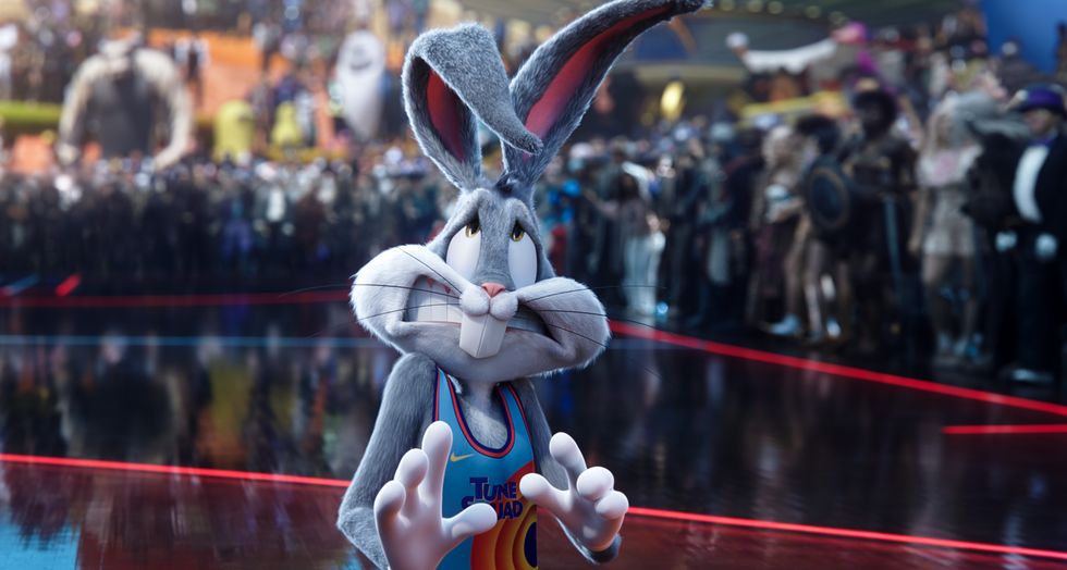 bugs bunny looking worried on a basketball court in space jam a new legacy