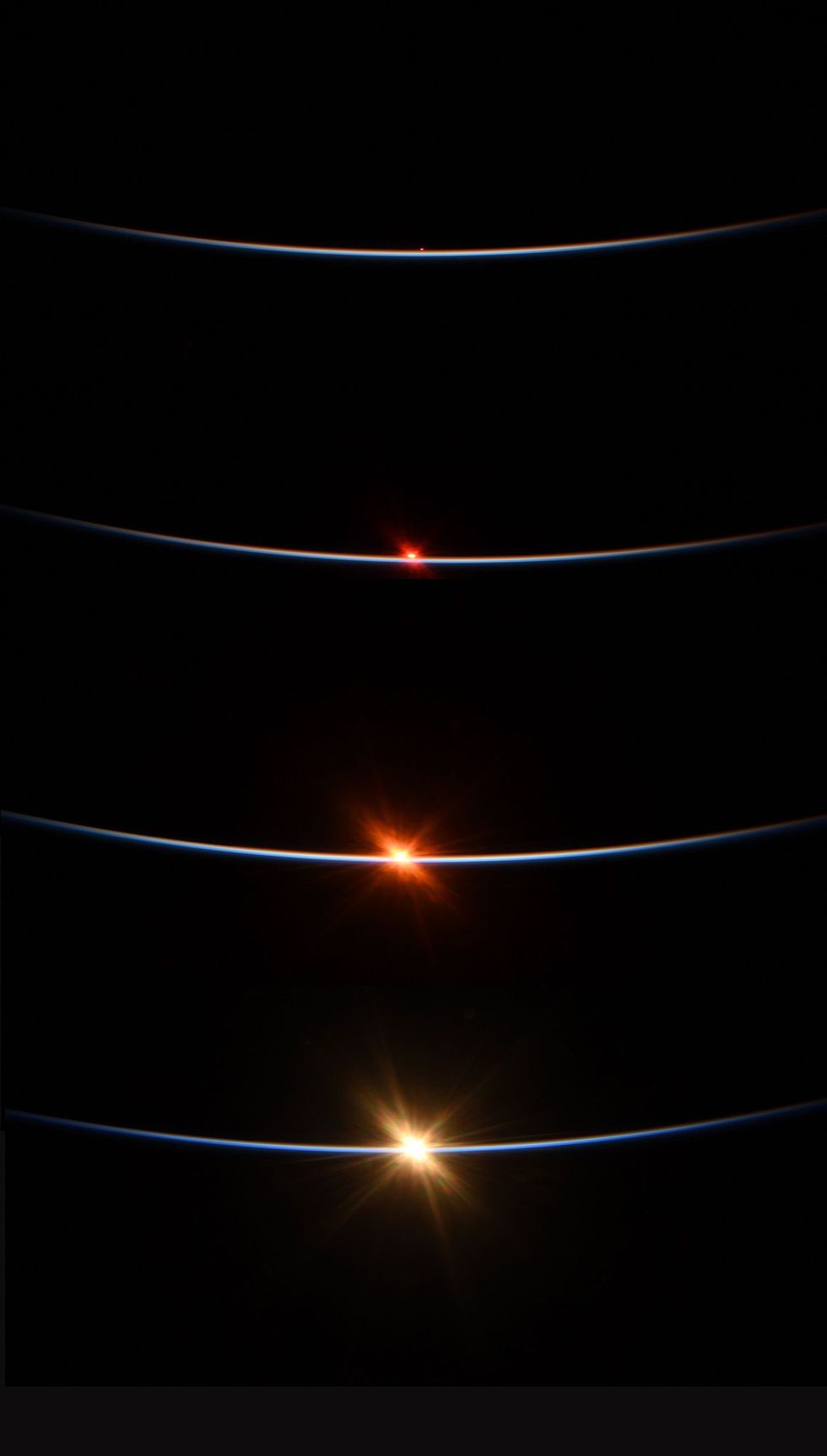 Behnken fotografeerde op 27 juli de zonsopgang gezien vanuit de ISS in deze serie van vier fotos Het ruimtestation doet ongeveer negentig minuten over zijn baan rond de aarde en komt daarbij afwisselend wel en niet in het zonlicht