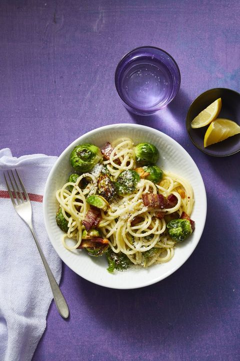 spaghetti with bacon and parmesan brussels sprouts