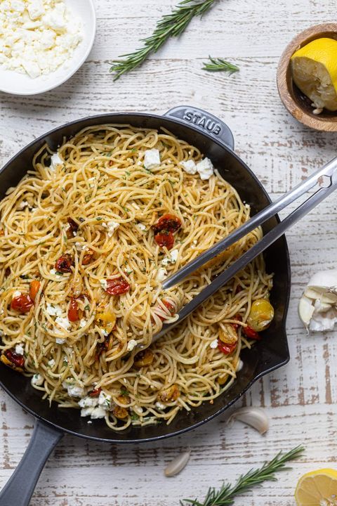 lemon brown butter pasta with roasted tomatoes and feta in skillet
