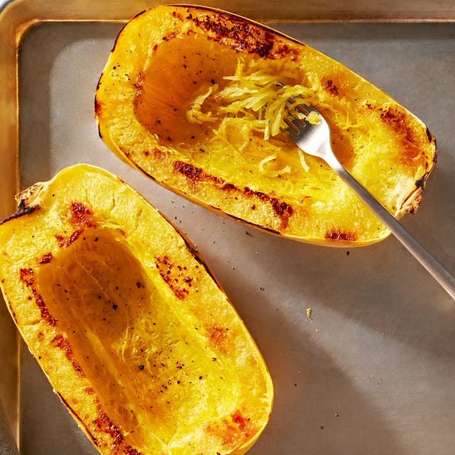 spaghetti squash roasted on a pan