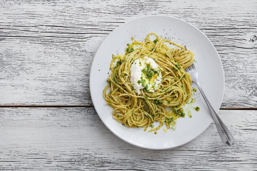 spaghetti with cavolo nero pesto and goat curd