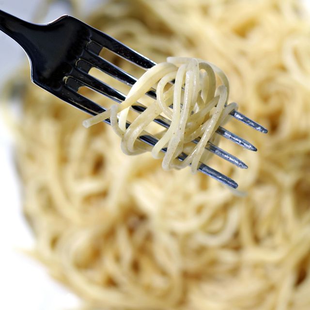 spaghetti wrapped around a fork.