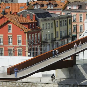 spain, asturias, aviles, footbridge linking the city to the international cultural centre oscar niem