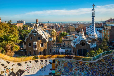 Spain, Catalonia, Barcelona, Park Guell houses with views over the city, by architect Antoni Gaudi