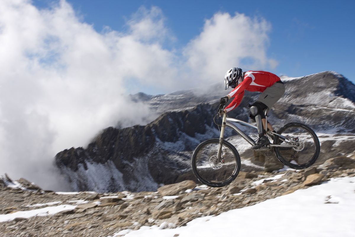Spain, Sierra Nevada, Granada, Man mountain biking