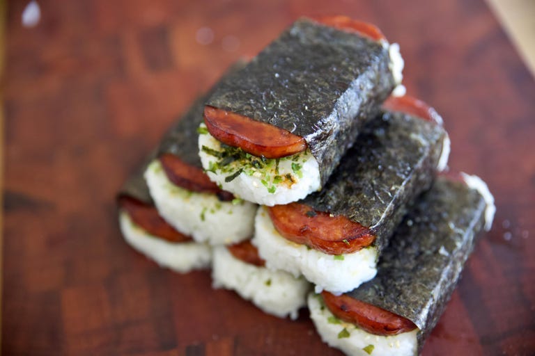 Orange Teriyaki Spam Musubi with Orange Aioli