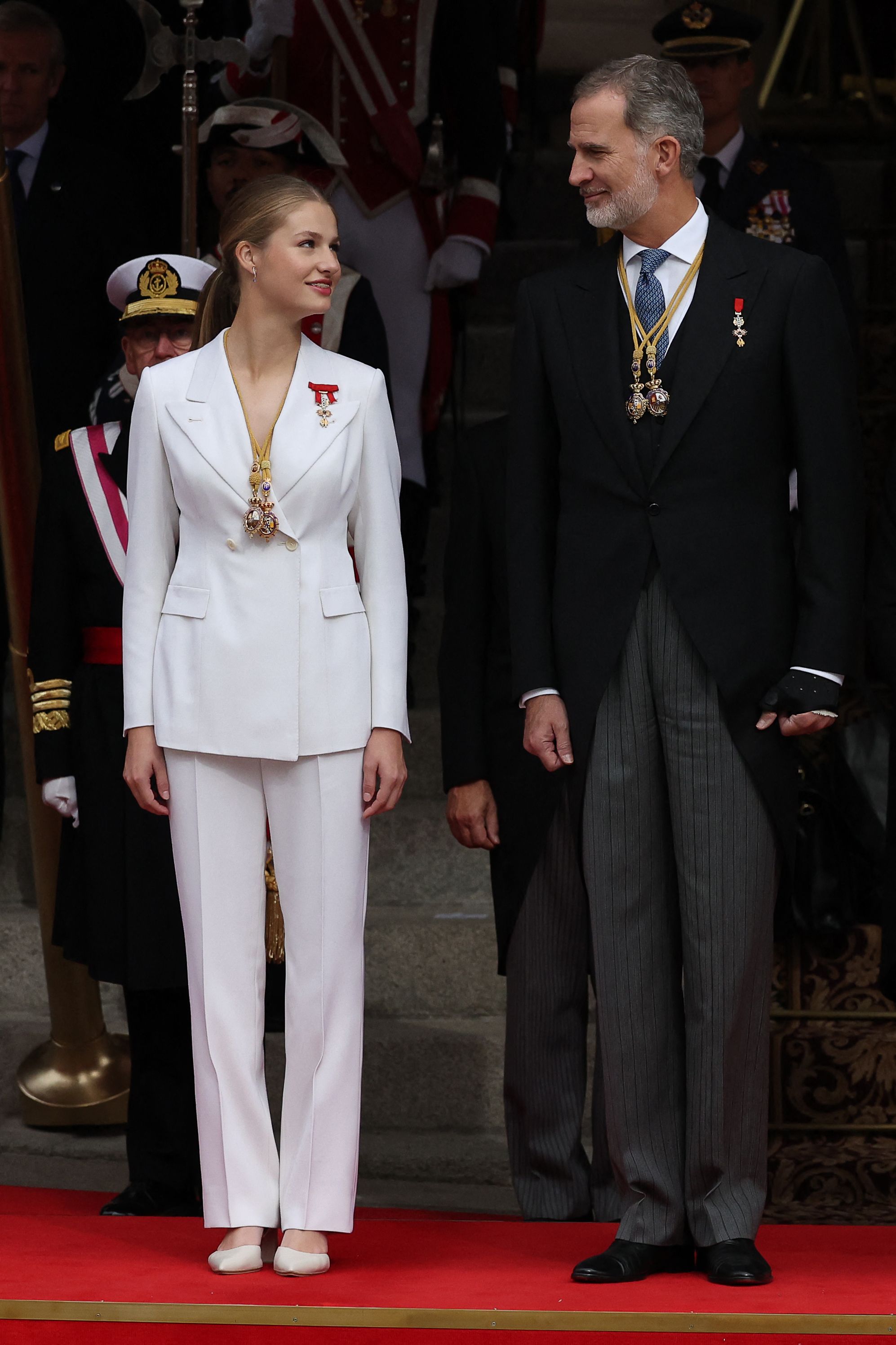 King Felipe VI of Spain, Queen Letizia of Spain and daughters Princess  Sofia and Princess Leonor, Princess of Asturias at the Congress of Deputies  during the Kings first speech to make his