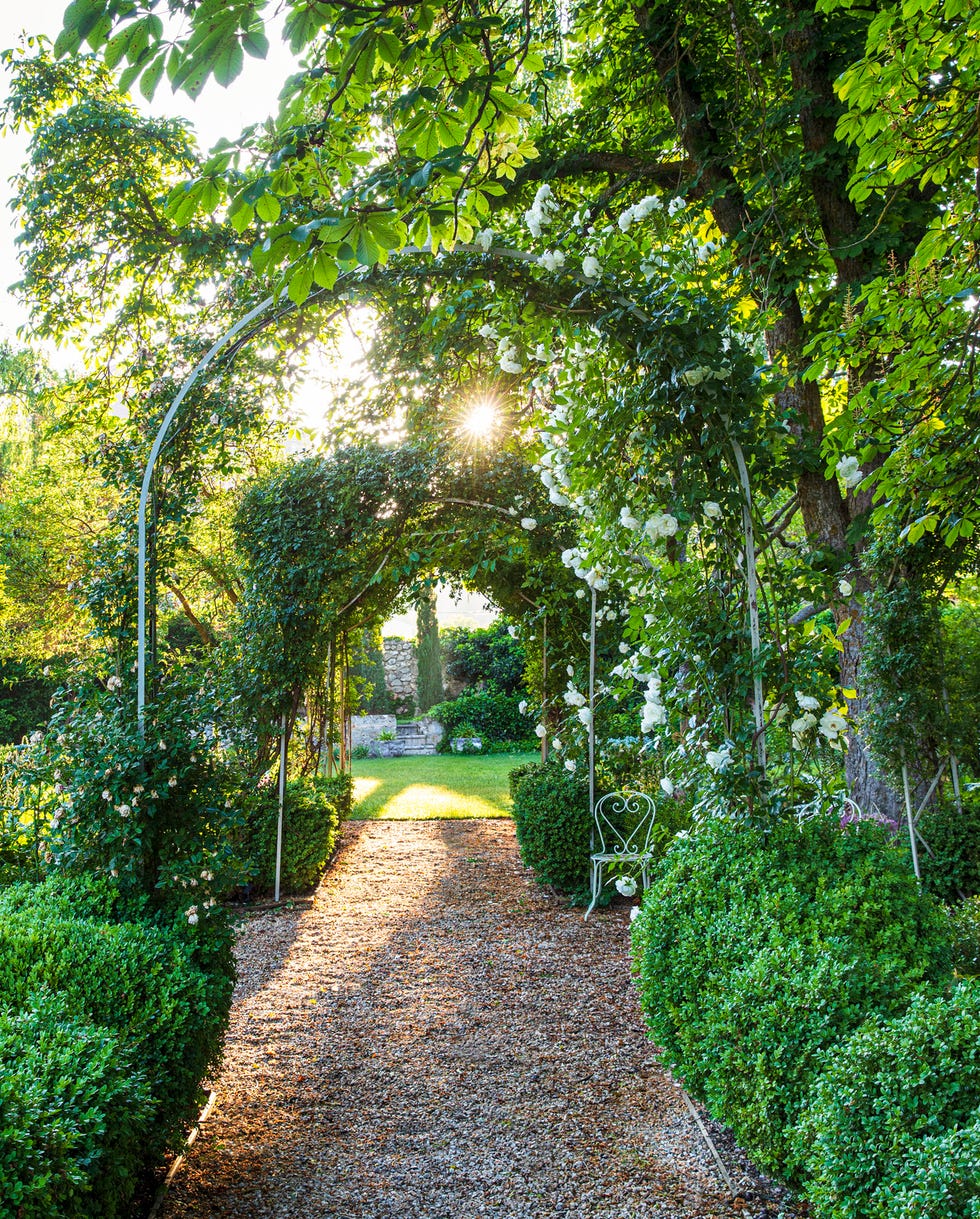 17th century palace in tendilla, spain design by Álvaro sampedro gravel paths are lined with boxwoods and arches of lady banks roses