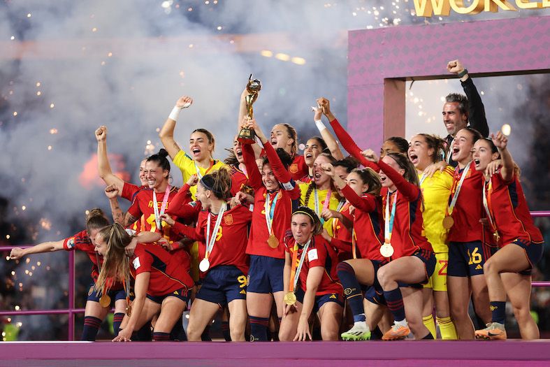 ivana andres of spain and teammates celebrate with the fifa women's world cup trophy