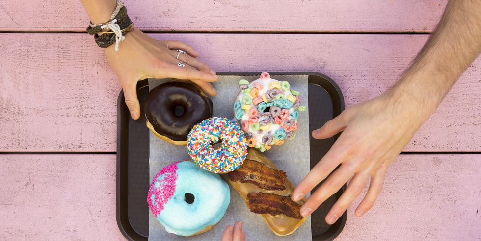 specialty doughnuts on a tray