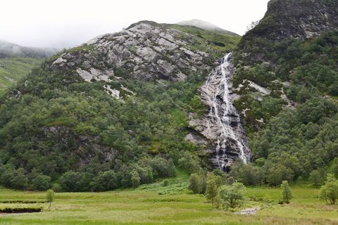 spectacular 120m long steall waterfall, an steall ban or steall falls, second highest in scotland, glen nevis near fort william, lochaber, highlands, united kingdom