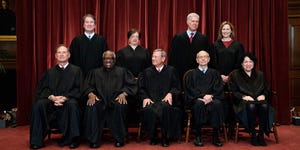 seated from left associate justice samuel alito, associate justice clarence thomas, chief justice john roberts, associate justice stephen breyer and associate justice sonia sotomayor, standing from left associate justice brett kavanaugh, associate justice elena kagan, associate justice neil gorsuch and associate justice amy coney barrett pose during a group photo of the justices at the supreme court in washington, dc on april 23, 2021 photo by erin schaff  pool  afp photo by erin schaffpoolafp via getty images