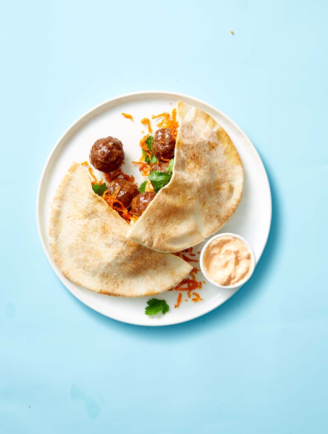 spiced meatball pitas with crispy carrot slaw