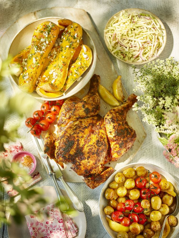 spiced spatchcock chicken with new potatoes and tomatoes