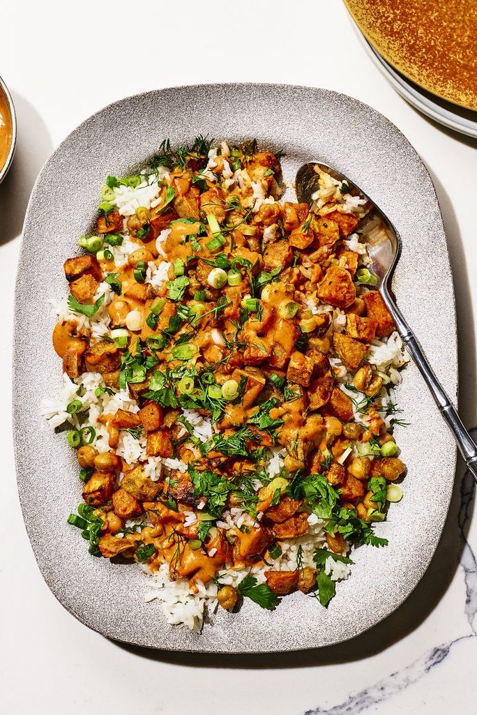 spiced sweet potatoes and chickpeas with smoky tahini dressing