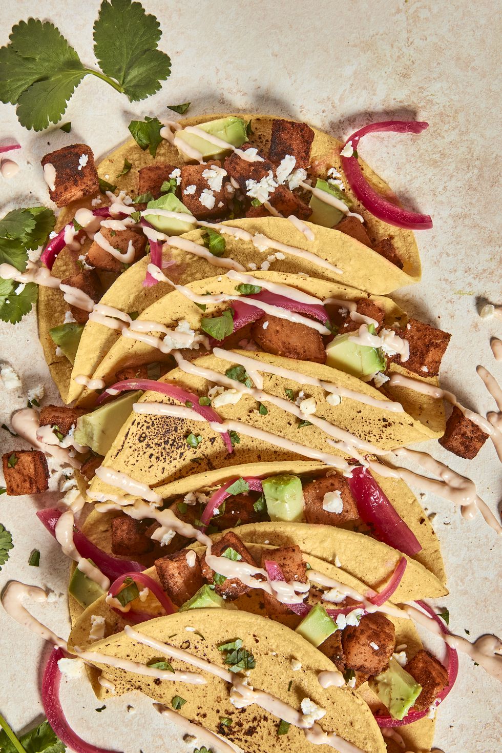 spicy potato tacos with cilantro and onions