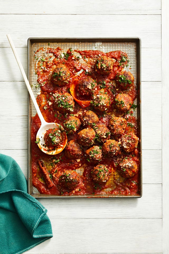 saucy sausage meatballs on a sheet pan
