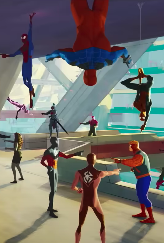 a room full of spidermans point fingers at each other in a scene from spiderman across the spiderverse,