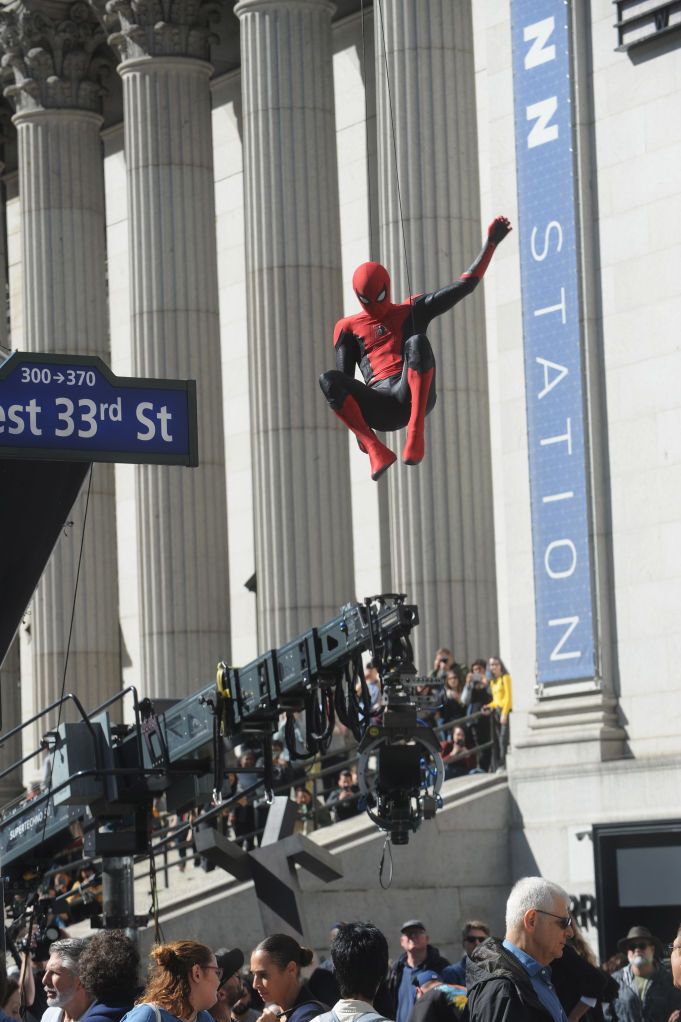 new york, ny october 12 tom holland on the set of spiderman far from home on october 12, 2018 in new york city photo by bobby bankgc images