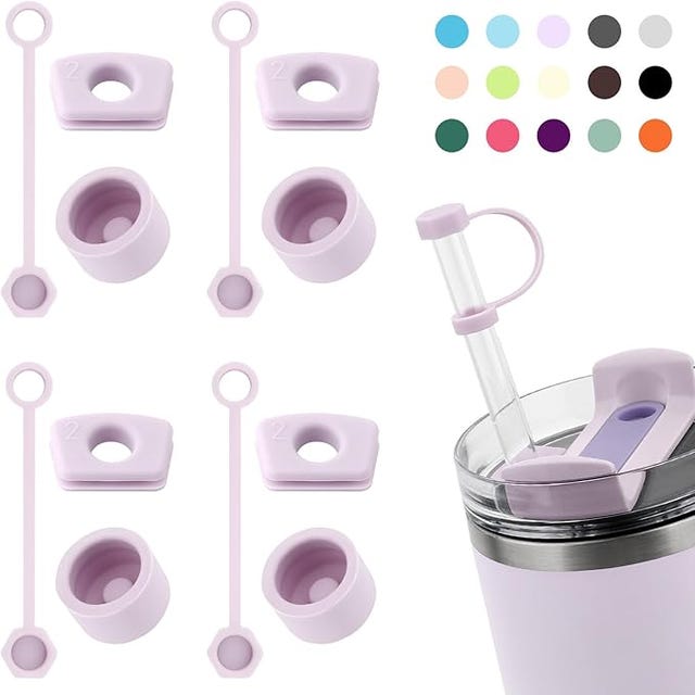 collection of lavendercolored drink accessories including measuring spoons and a cup lid